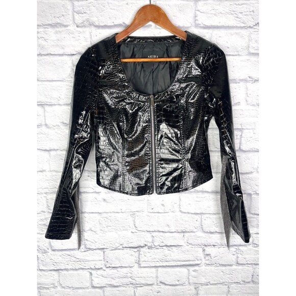 AKIRA Women's Black Shiny Animal Print Beaded Fringe Scoop Neck Moto Jacket Med - Picture 1 of 7